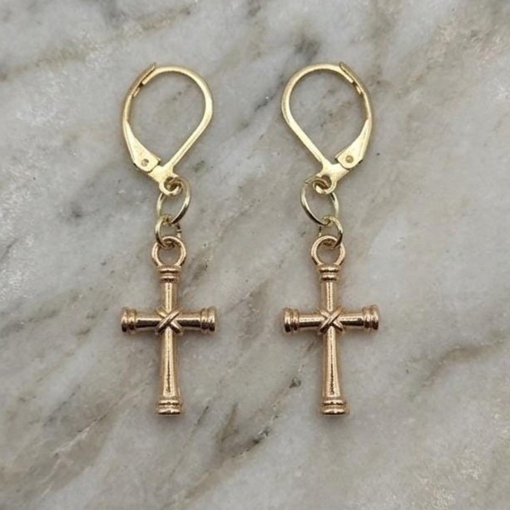 Handmade Earrings Gold Toned Cross Leverback Hypoallergenic #